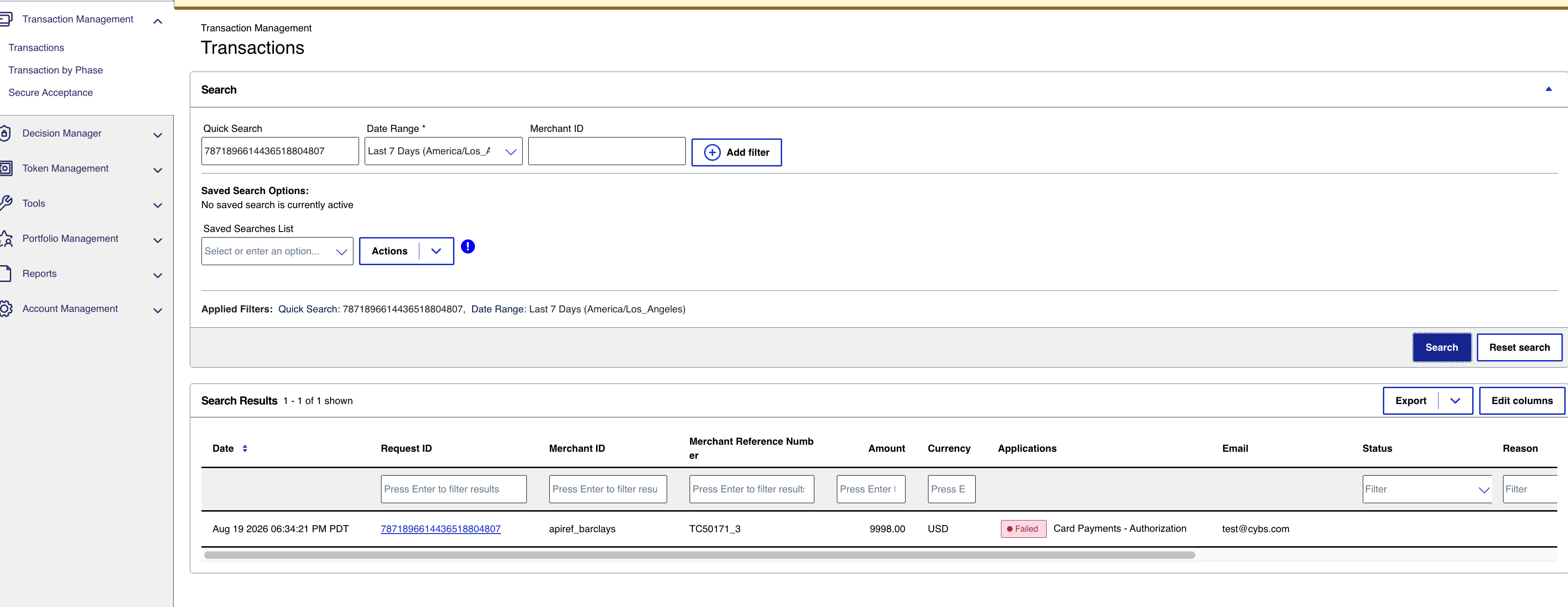 Searching by request ID returns the failed authorization for the
                    internal-failure scenario (Card Payments, Authorization,
                    Failed).