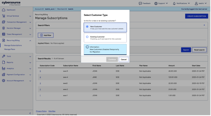 Screen capture of the Select Customer Type dialog in Manage
                                Subscriptions