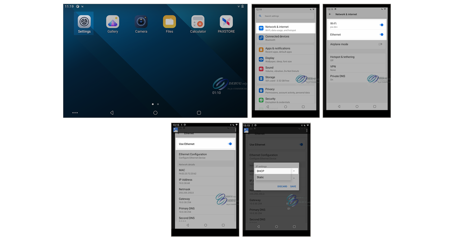 Settings Menu Screens Used to Enable an Ethernet Dynamic IP Connection on
                        PAX Terminal