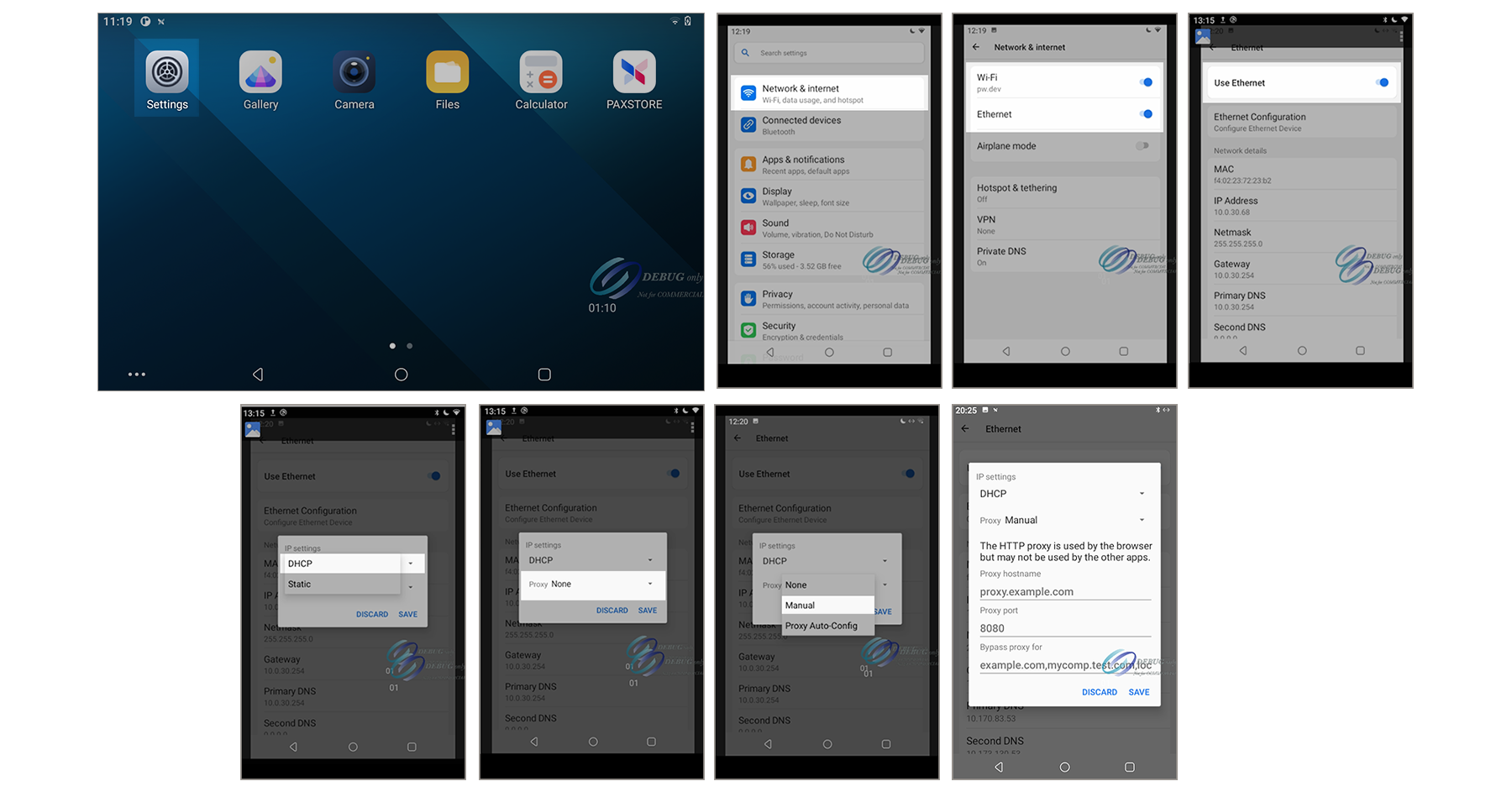Settings Menu Screens Used to Enable an Ethernet Proxy IP Connection on PAX
                        Terminal
