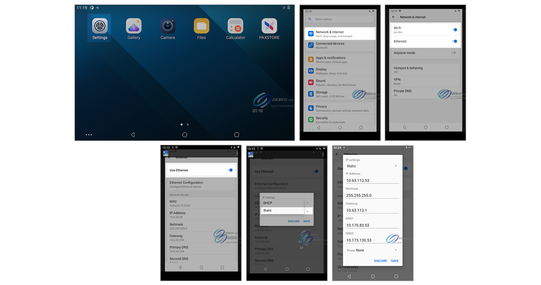 Settings Menu Screens Used to Enable an Ethernet Static IP Connection on
                        PAX Terminal