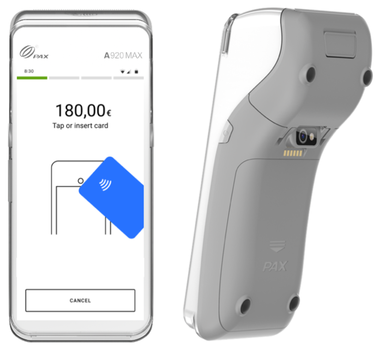 Front and back PAX A920 MAX product photos. The front photo has a screen
                        example showing a transaction. The back photo shows the cover of the
                        integrated printer.