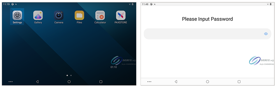 Settings Menu on PAX Terminal Home Screen and Password Input Screen in
                        Settings Menu