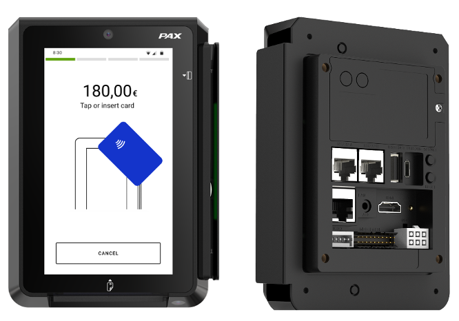 Front and back PAX IM30 product photos. The front photo has a screen
example showing a transaction and the back photo shows device connection
ports.