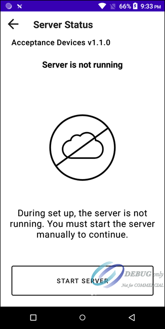 Acceptance Devices App Server Status Screen Showing Server is not
                   running Message 