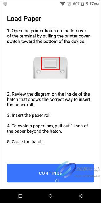 Load Paper Screen, Showing Instructions and Photo of PAX Terminal Rear
                            Side