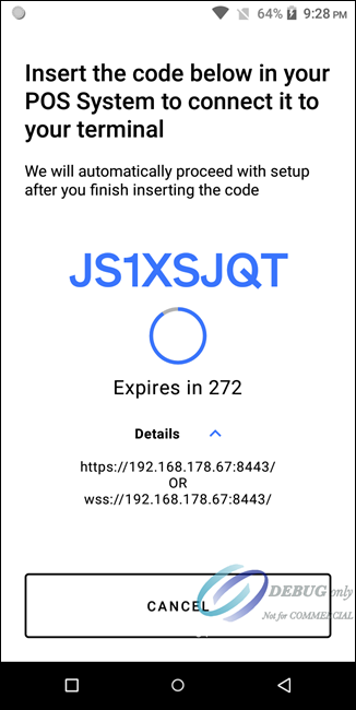 Acceptance Devices App POS Sync Connection Code Screen Showing
                            Expiration Timer and Details About the Terminal
